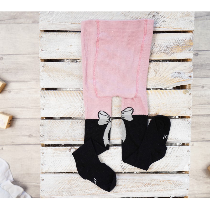 RAJSTOPY dziewczęce różowo- czarne z kokardą wzór 506