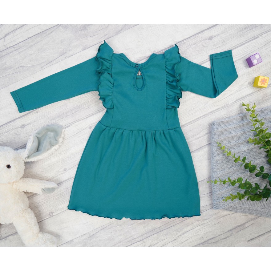 Butelkowa zieleń SUKIENKA gładka z falbanką długi rękaw święta