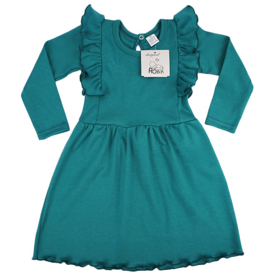 Butelkowa zieleń SUKIENKA gładka z falbanką długi rękaw święta