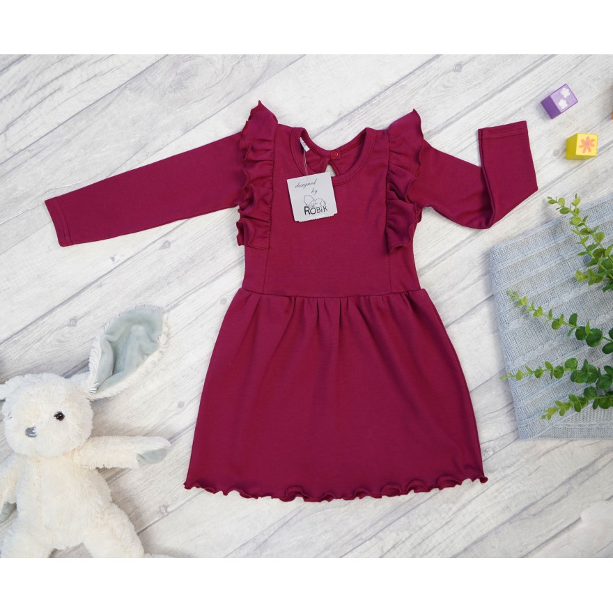 Bordowa SUKIENKA gładka z falbanką długi rękaw święta