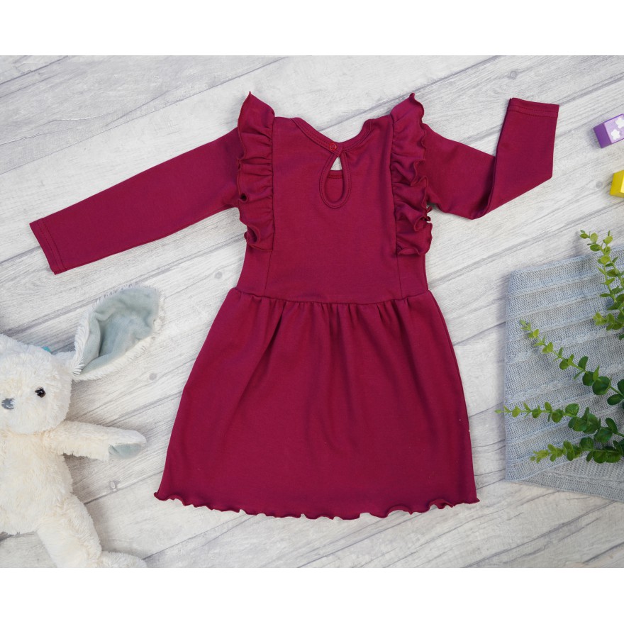 Bordowa SUKIENKA gładka z falbanką długi rękaw święta