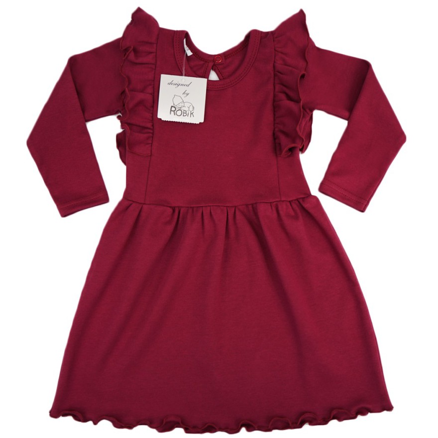 Bordowa SUKIENKA gładka z falbanką długi rękaw święta