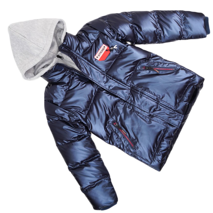 Granatowa KURTKA metalik STRONG szary kaptur na futerku ZIMA