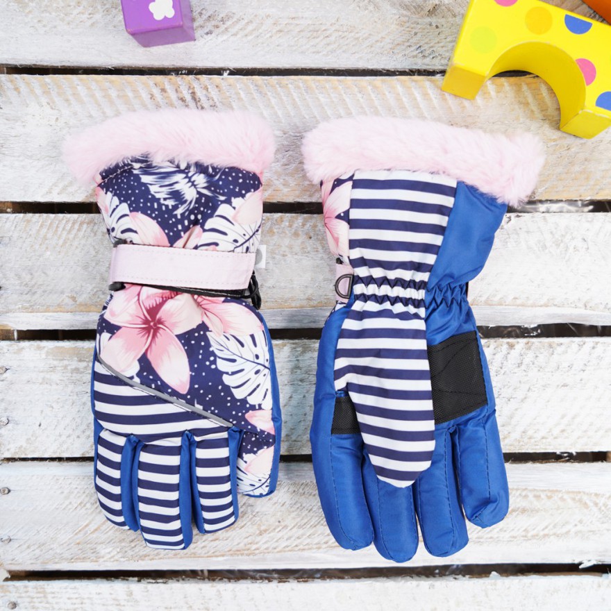 Niebieskie rękawiczki nieprzemakalne w paski i kwiaty 5P 16cm RK-31