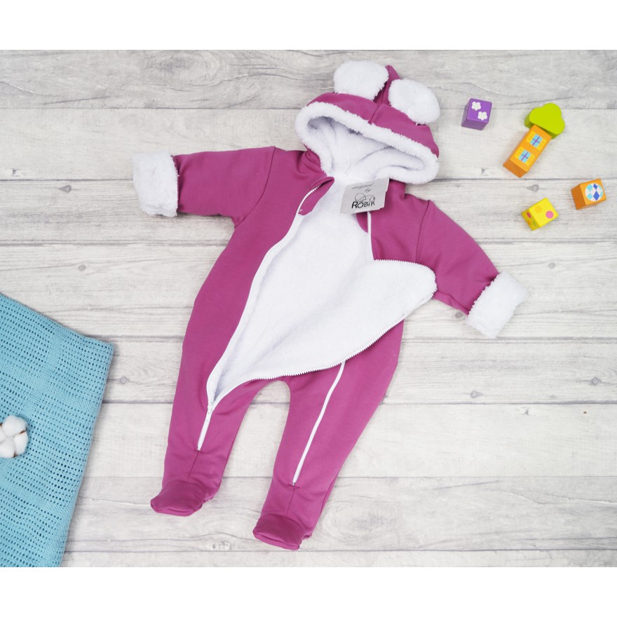 Wrzosowy KOMBINEZON na futerku dresowy z misiem