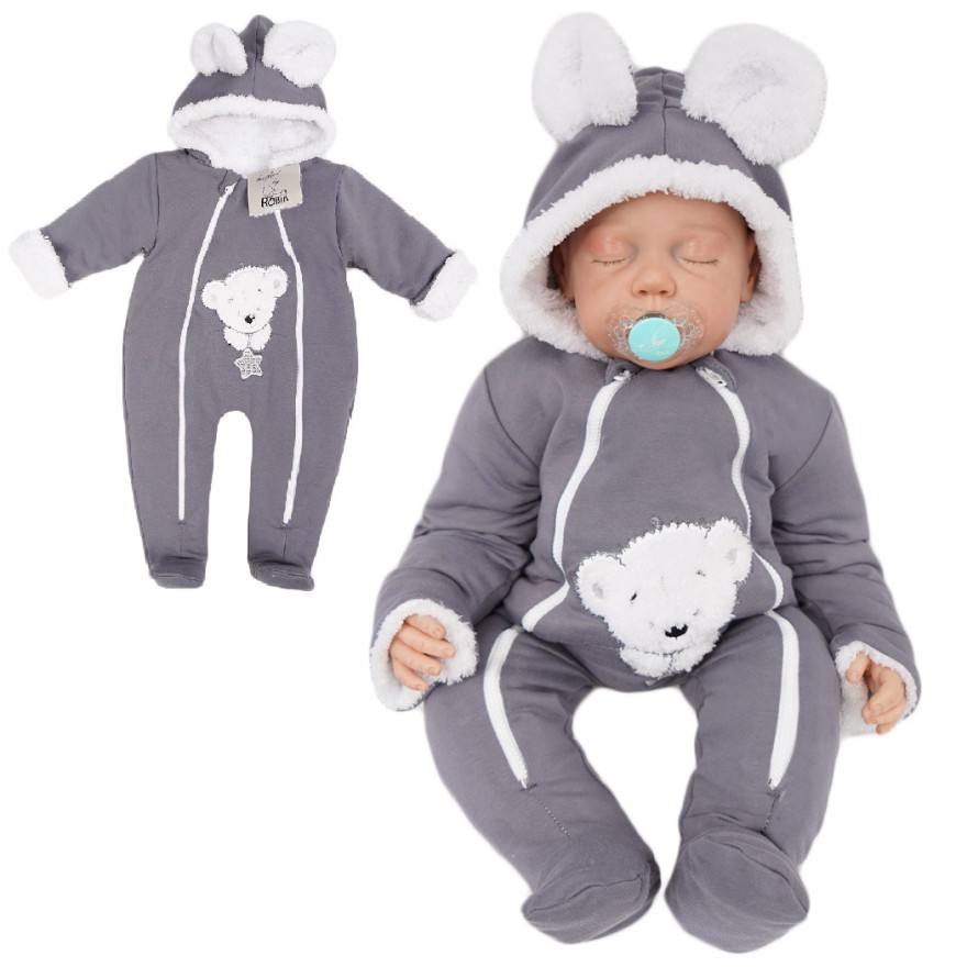 Grafitowy KOMBINEZON na futerku dresowy z misiem