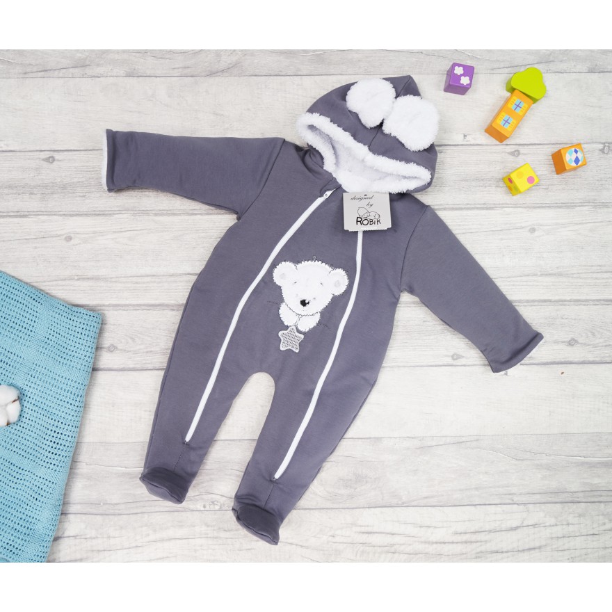 Grafitowy KOMBINEZON na futerku dresowy z misiem