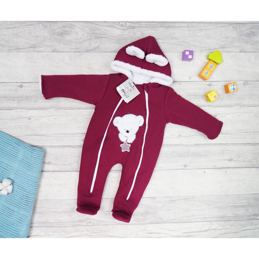 Bordowy KOMBINEZON na futerku pikowany z misiem