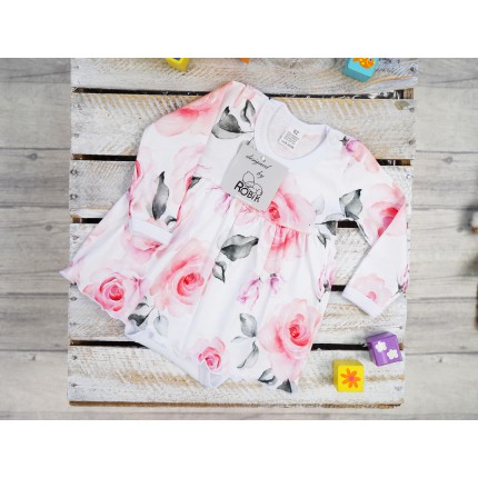 BODY SUKIENKA biała w róże szare liście w. 379 długi rękaw