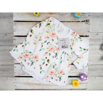 BODY SUKIENKA biała w róże zielone liście w. 378 długi rękaw