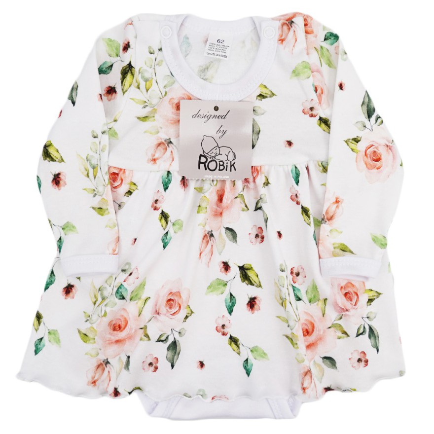 BODY SUKIENKA biała w róże zielone liście w. 378 długi rękaw