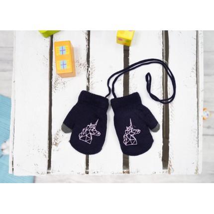 Granatowe RĘKAWICZKI ocieplane 1P na sznurku JEDNOROŻEC RK-36