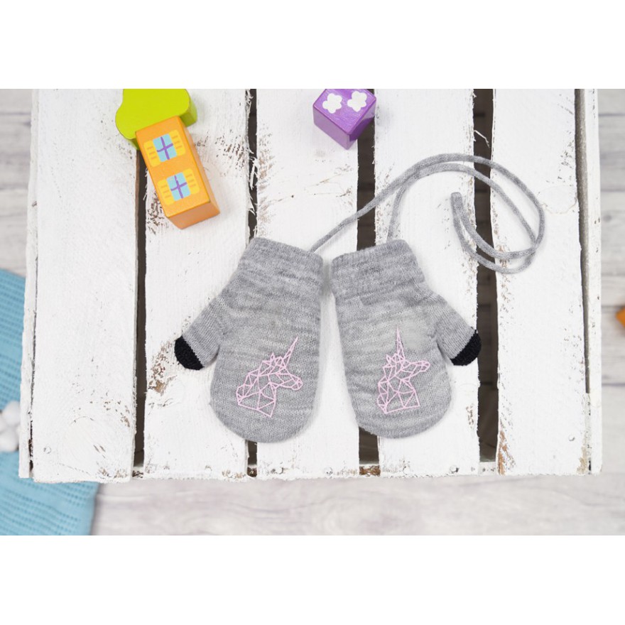 Szare RĘKAWICZKI ocieplane 1P na sznurku JEDNOROŻEC RK-38