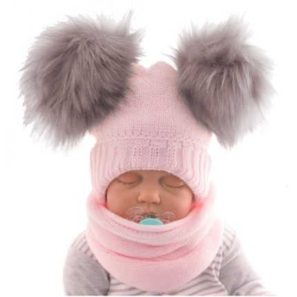 Różowy komplet zimowy "2 puchate pompony" czapka + komin