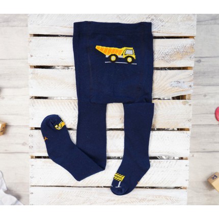 RAJSTOPY bawełniane granatowe z żółtą ciężarówką wzór 509