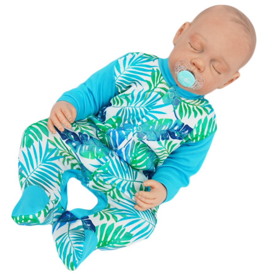 WCZEŚNIAK pajac pajacyk turkusowy w liście 388 bawełna