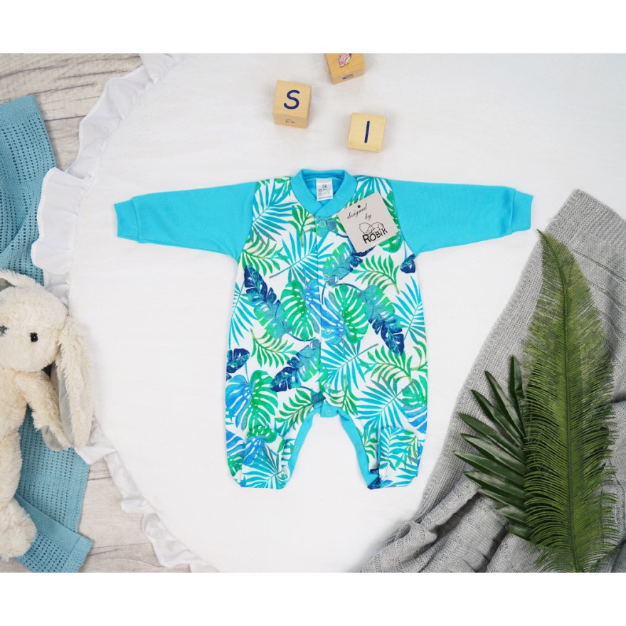 WCZEŚNIAK pajac pajacyk turkusowy w liście 388 bawełna