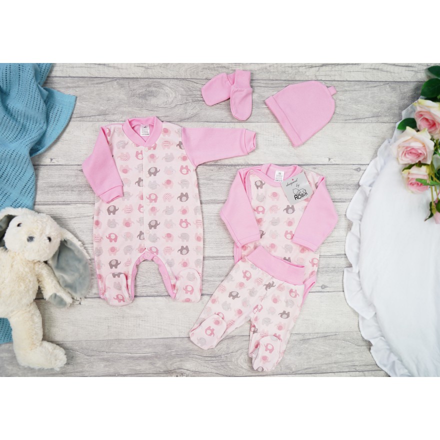 WYPRAWKA dla noworodka do szpitala 5 części różowa w słoniki 145r