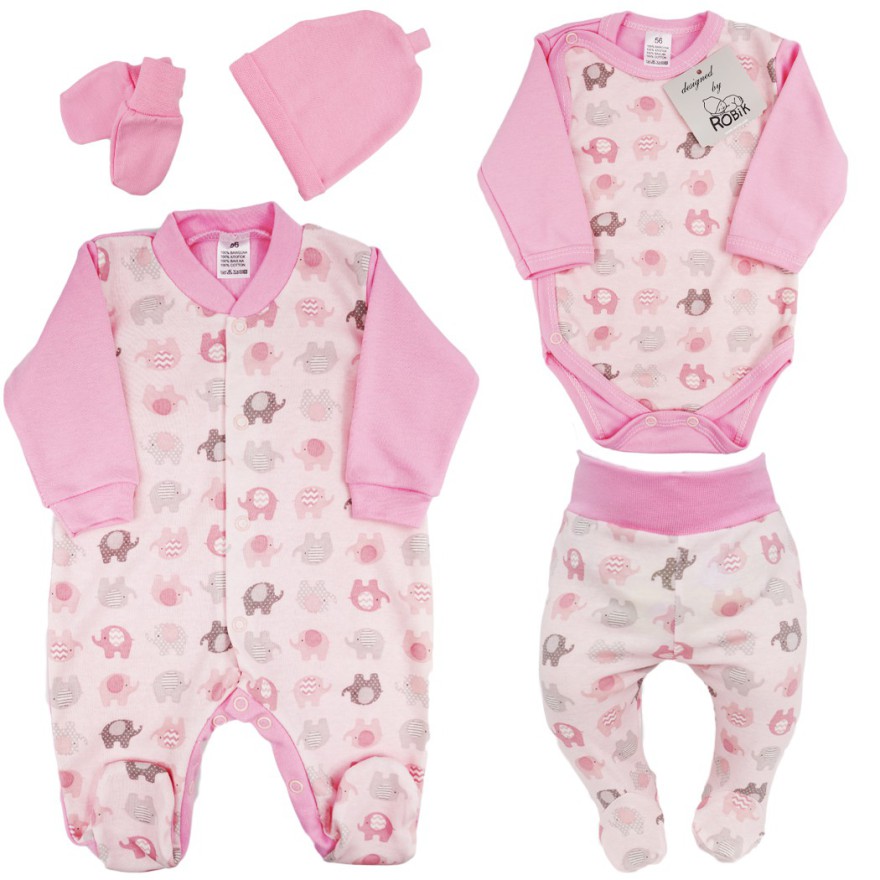 WYPRAWKA dla noworodka do szpitala 5 części różowa w słoniki 145r