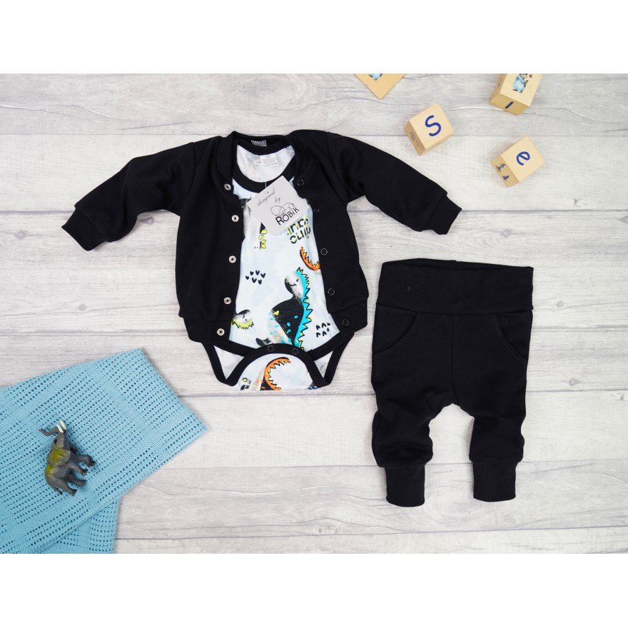 Komplet 3cz body + spodnie + bomberka czarny DINO