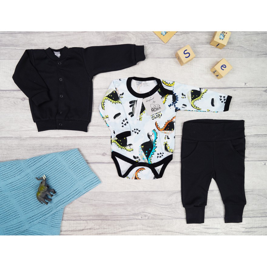 Komplet 3cz body + spodnie + bomberka czarny DINO