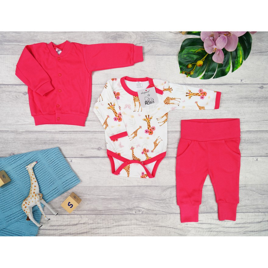 Komplet 3cz body + spodnie + bomberka malinowy ŻYRAFA