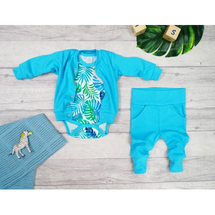 Komplet 3cz body + spodnie + bomberka turkusowy LIŚCIE