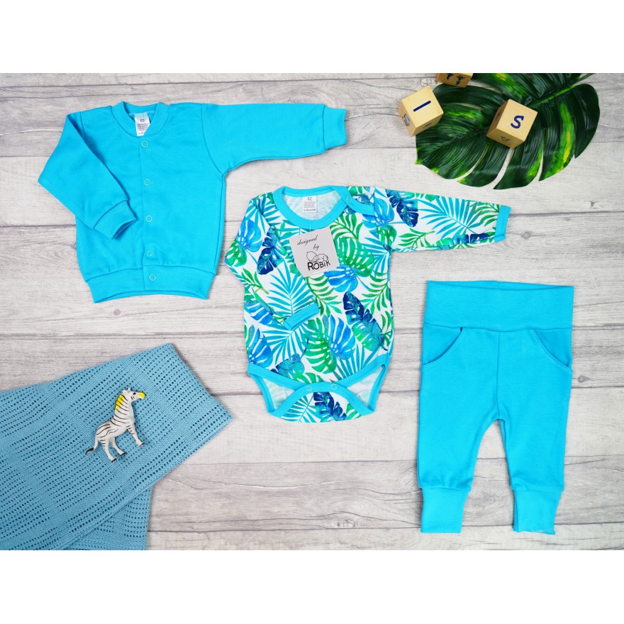 Komplet 3cz body + spodnie + bomberka turkusowy LIŚCIE