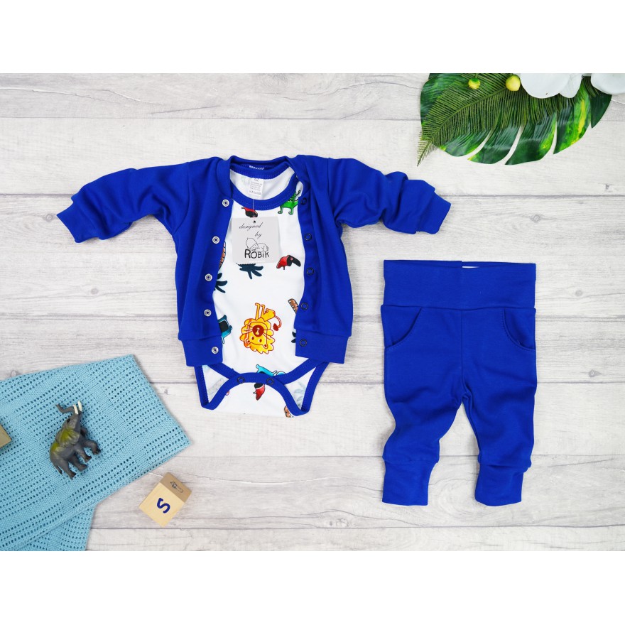 Komplet 3cz body + spodnie + bomberka chabrowy ZOO