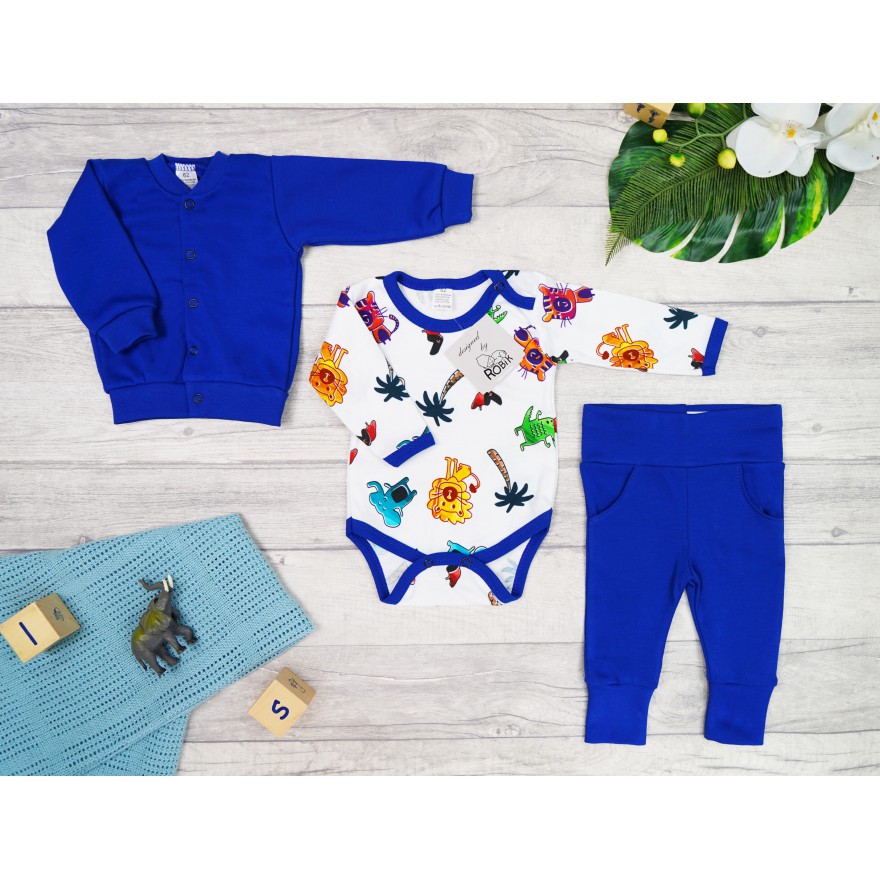 Komplet 3cz body + spodnie + bomberka chabrowy ZOO