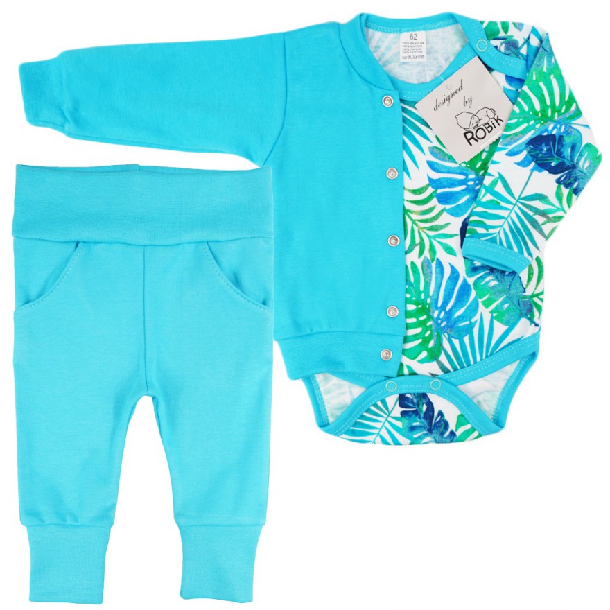 Komplet 3cz body + spodnie + bomberka turkusowy LIŚCIE