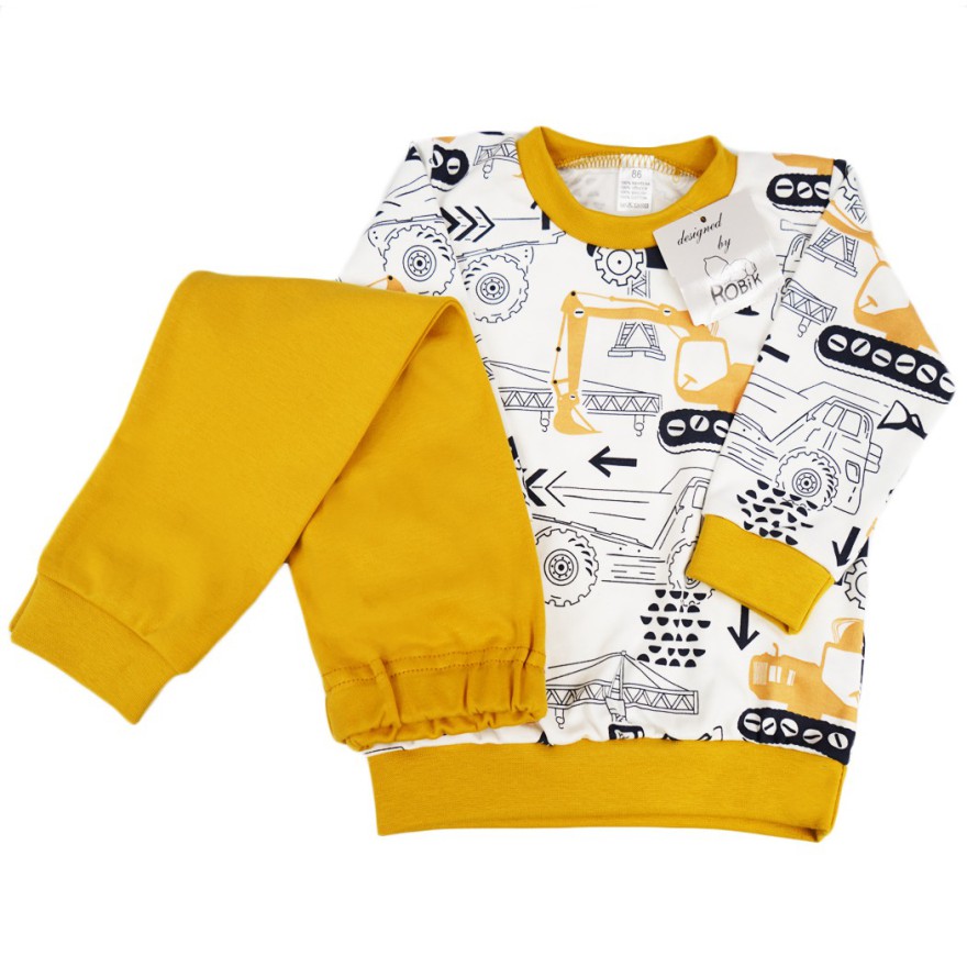 Musztardowa PIŻAMA w koparki autka długi rękaw wzór 386m