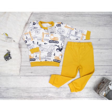 Musztardowa PIŻAMA w koparki autka długi rękaw wzór 386m