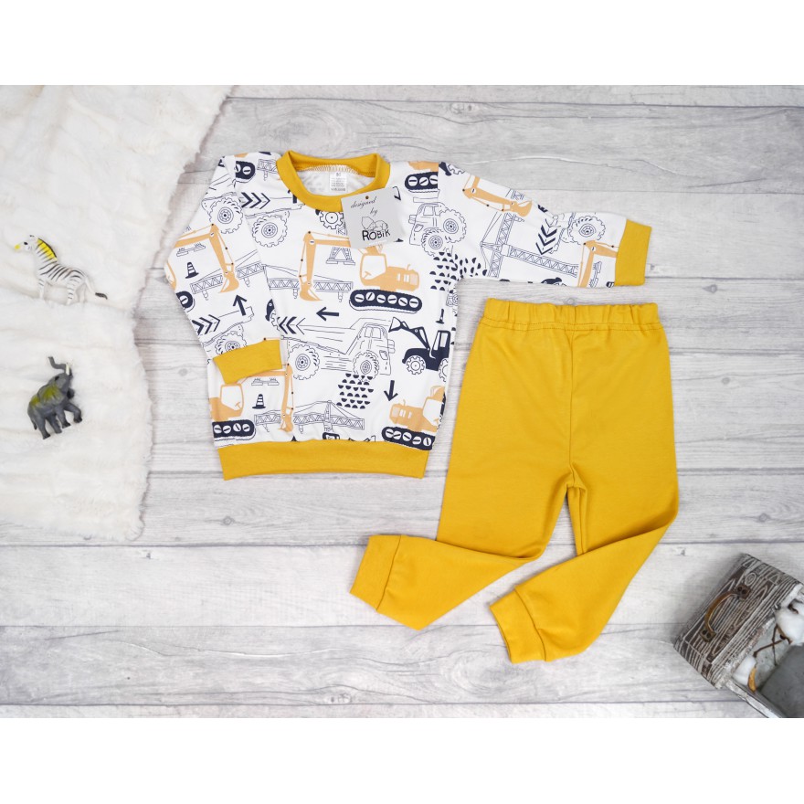 Musztardowa PIŻAMA w koparki autka długi rękaw wzór 386m