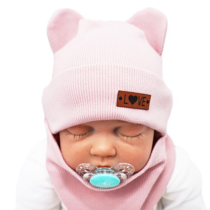 Brudny róż komplet BEAR czapka + komin wiosna/jesień