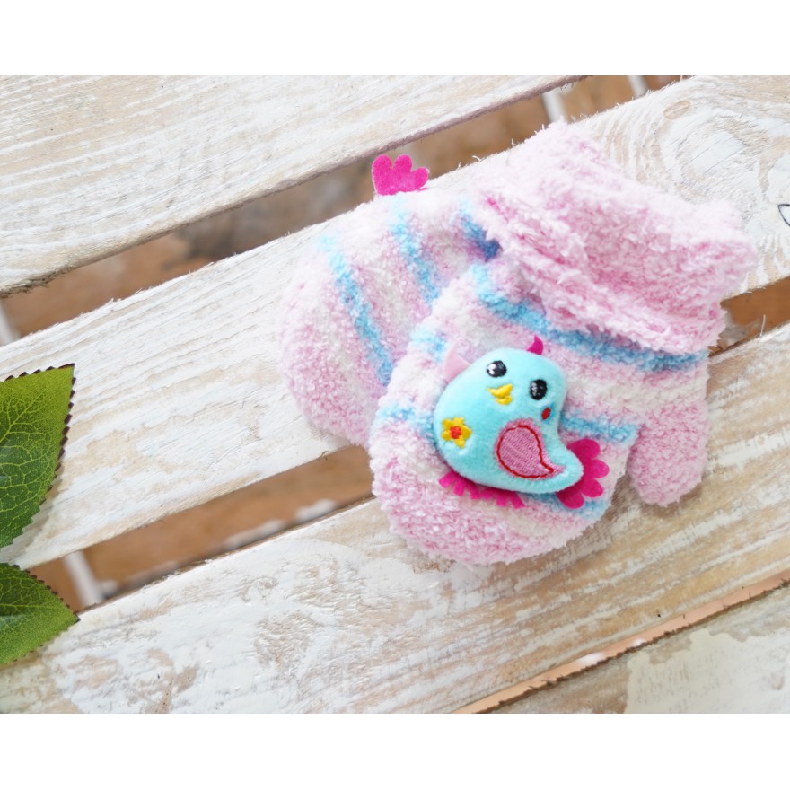 Zimowe rękawiczki frotte z maskotką Ptaszek
