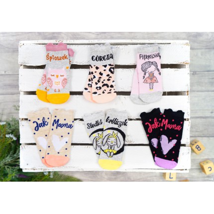 6 PAK SKARPETKI skarpety dziewczęce z napisami i uszami 3D