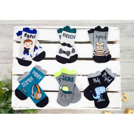 6 PAK SKARPETKI skarpety chłopięce z napisami i uszami 3D