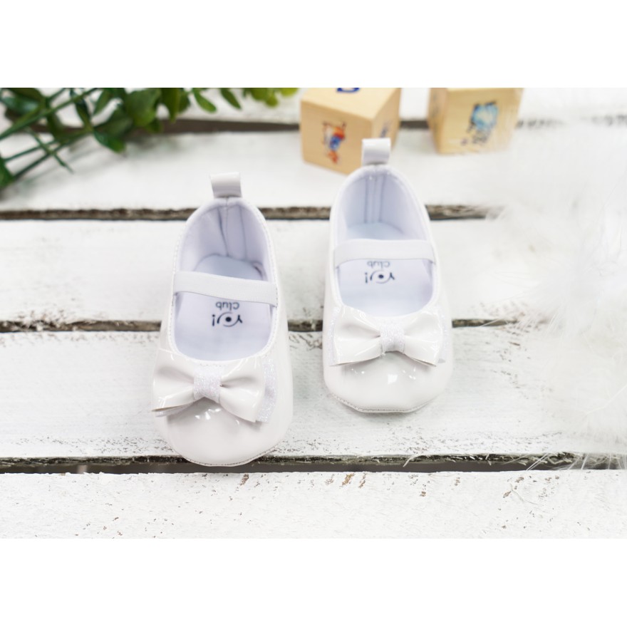 Baletki buty lakierki NIECHODKI białe z kokardą BUCIKI CHRZEST