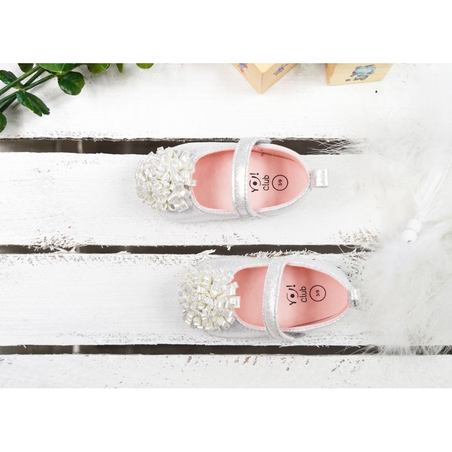 Baletki buty NIECHODKI srebrne z kwiatkiem BUCIKI CHRZEST