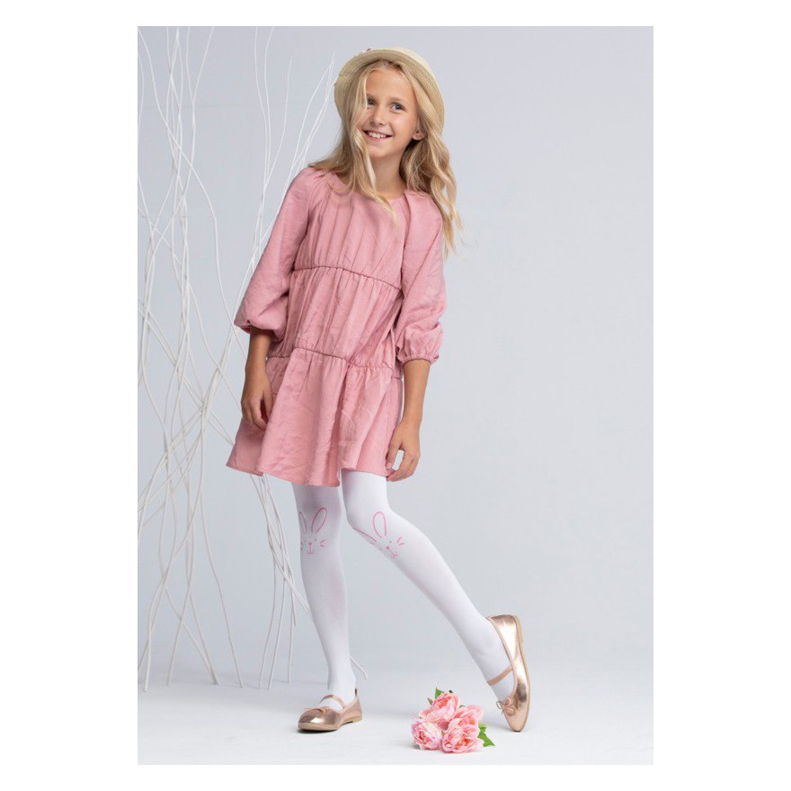 Białe RAJSTOPY MIKROFIBRA 40 DEN królik na kolanie BROKAT