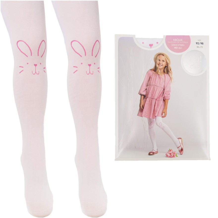 Białe RAJSTOPY MIKROFIBRA 40 DEN królik na kolanie BROKAT