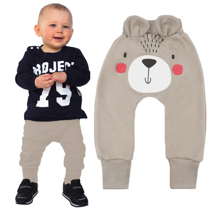 Piaskowe SPODNIE bawełniane MIŚ do nauki samodzielności z wyciąganą gumką