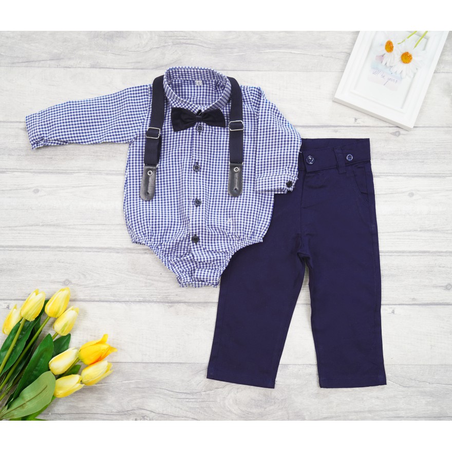 KOMPLET DLA CHŁOPCA body- koszula w kratkę, spodnie, muszka, szelki