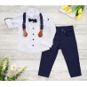 KOMPLET DLA CHŁOPCA biała koszula we wzory, spodnie, muszka, szelki