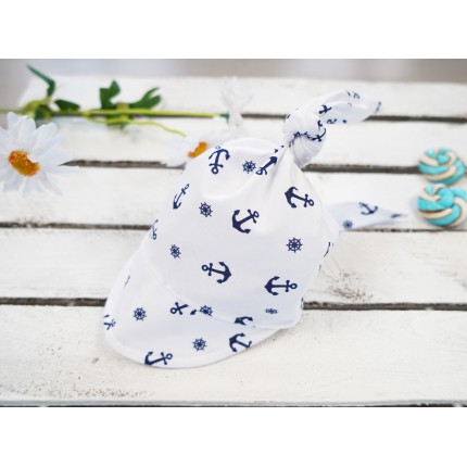 Biała czapka CHUSTA w kotwice z daszkiem wiązana LATO