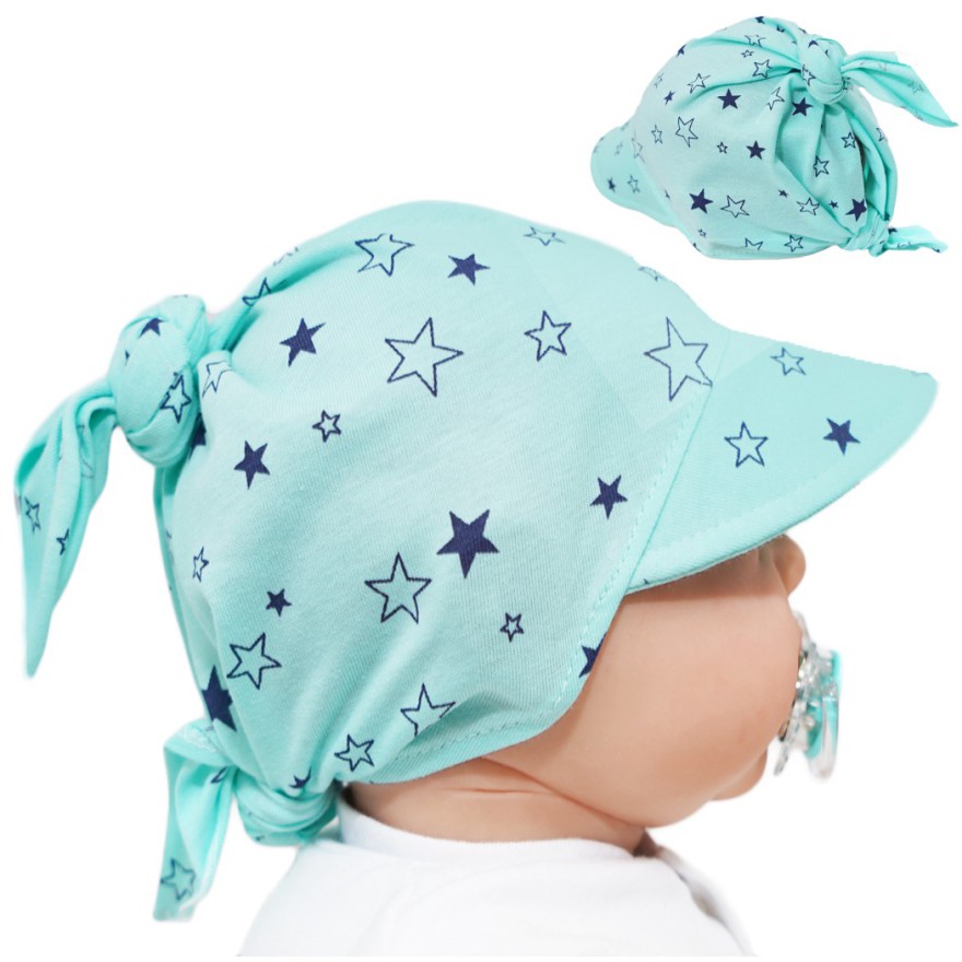 Miętowa czapka CHUSTA w gwiazdki z daszkiem wiązana LATO