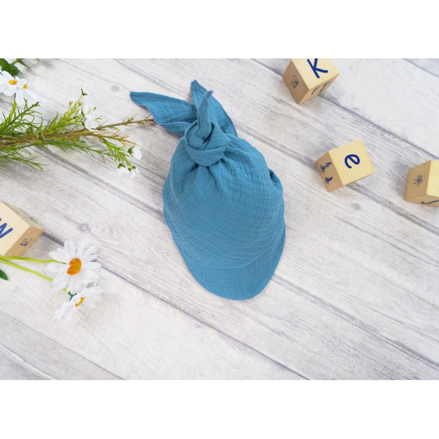 Czapka CHUSTA muślinowa jeans z daszkiem wiązana LATO
