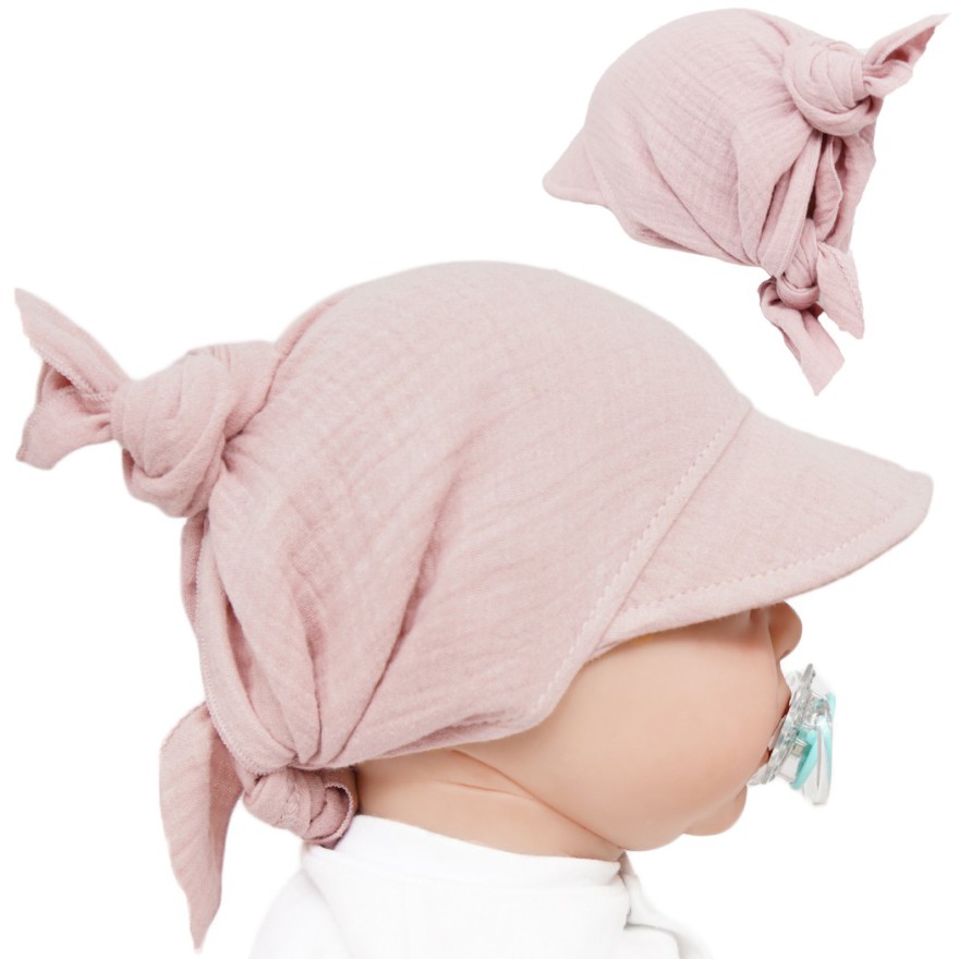 Czapka CHUSTA muślinowa brudny róż z daszkiem wiązana LATO