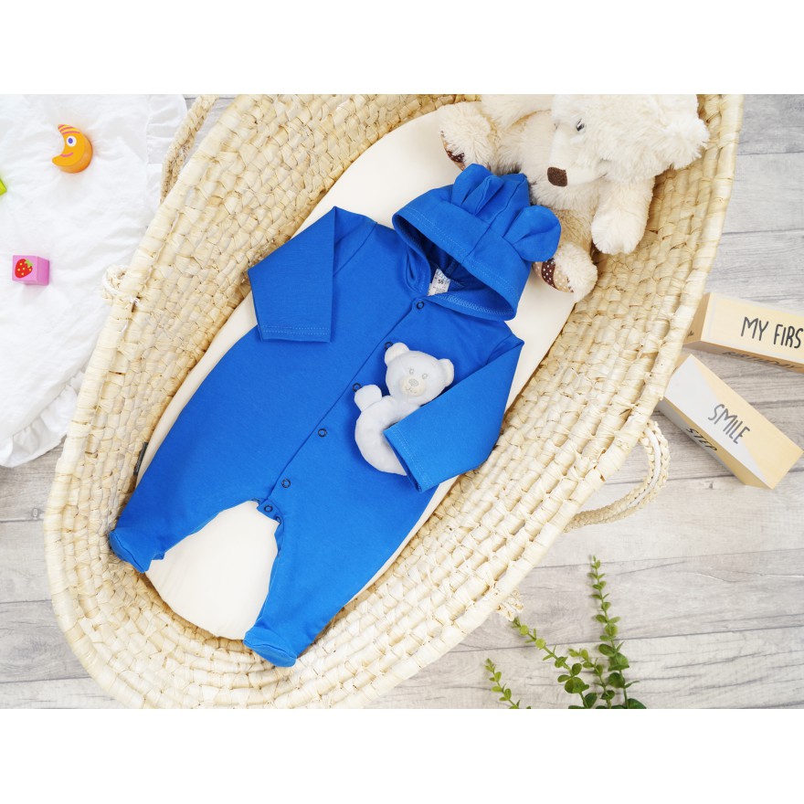 Niebieski KOMBINEZON niemowlęcy dresówka pajac z uszkami wiosna lato